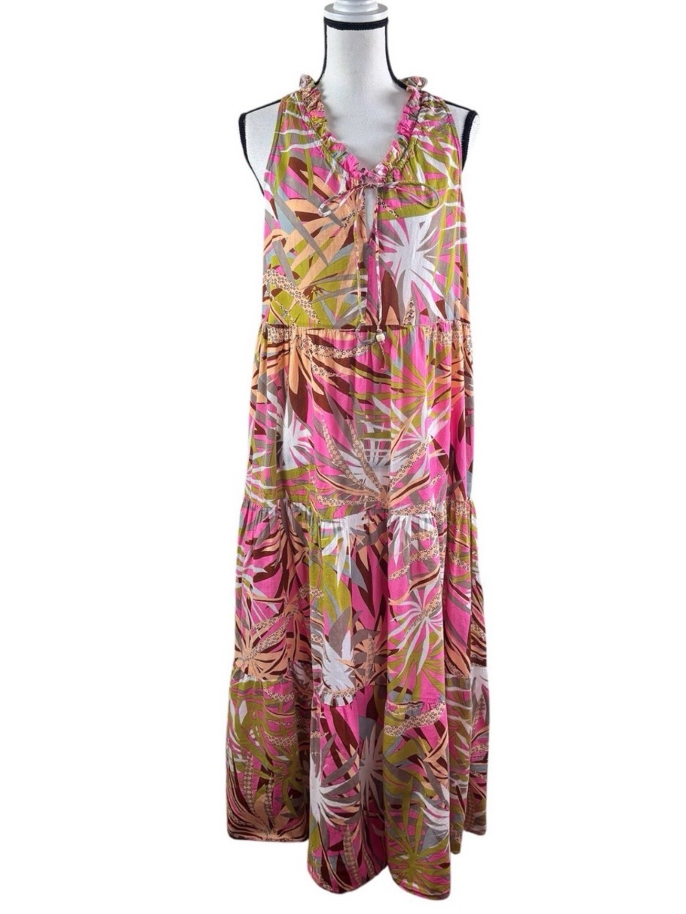 Tropical Print Sleeveless Maxi Dress in Pink & Olive